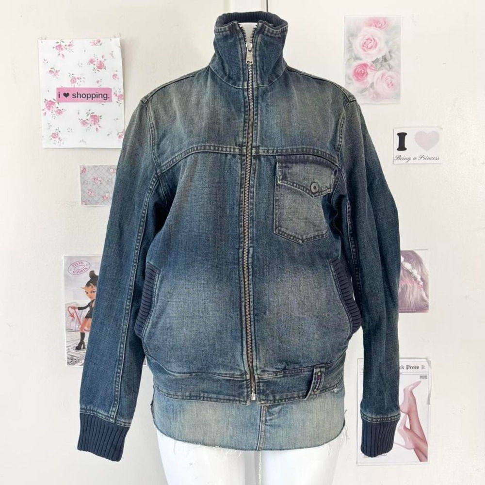 Salsa Dark Wash Distressed Denim Bomber Jacket Medium
